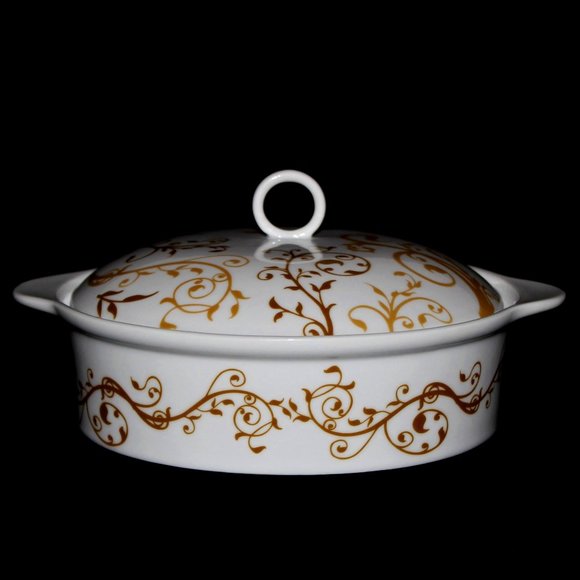 Vintage Orange Crate Vegetable Bowl | White Lidded Bowl With Gold Scrollwork - Picture 1 of 6